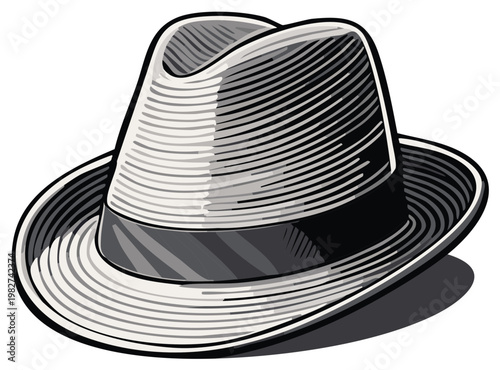 Stylish fedora hat illustration, vintage accessory design element, classic headwear.