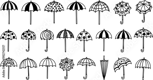 Black and White Line Art Collection of Assorted Umbrellas in Various Patterns and Styles