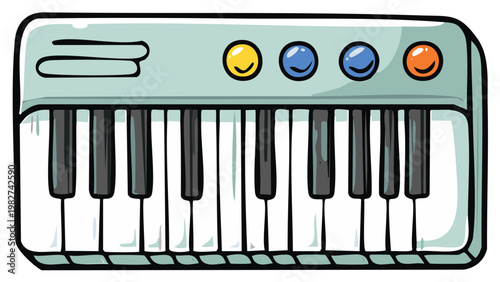 Colorful cartoon toy keyboard with round buttons and black and white keys for children's music education