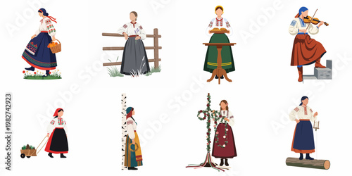 Collection of women in traditional Belarusian folk costumes performing various village activities, flat vector illustration isolated on white background.