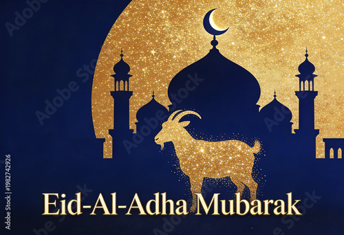 Eid-Al-Adha Mubarak greeting with mosque and goat silhouette