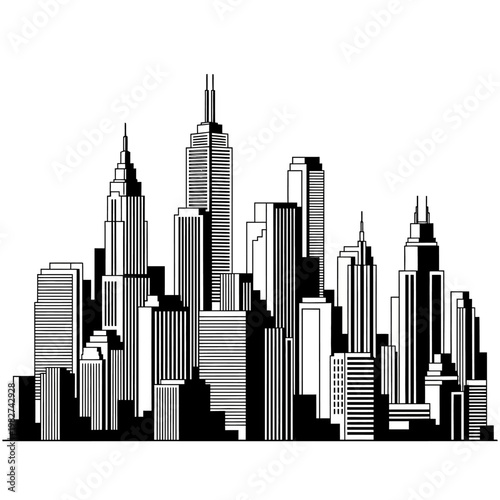 Modern City Skyline Silhouette, Black and White Architecture, Urban Landscape