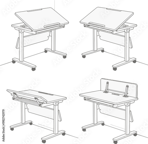 Adjustable drawing table set with casters, tilting top, and storage shelf, isolated, multiple angles