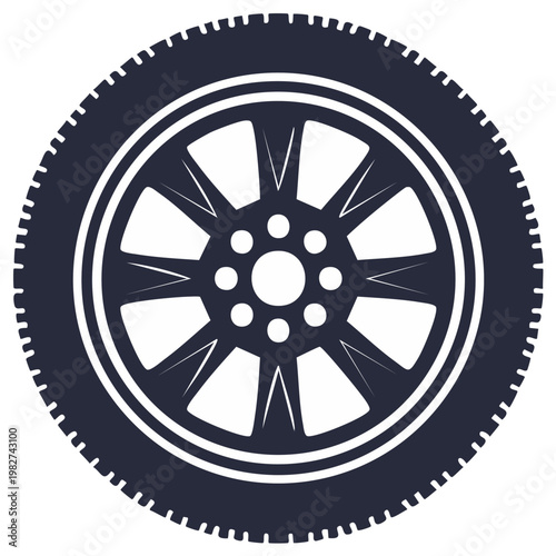 Flat tire wheel vector graphic of car part with tire tread and spoke design