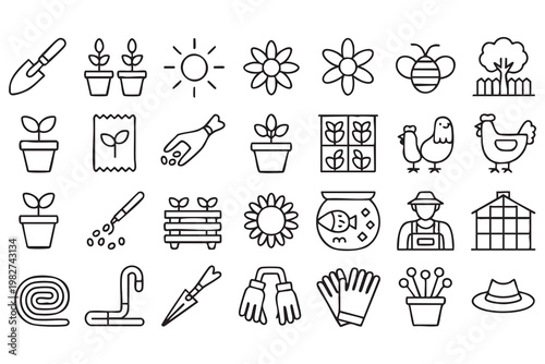 Urban Garden and Plant Care Icons for Home and Lifestyle Design