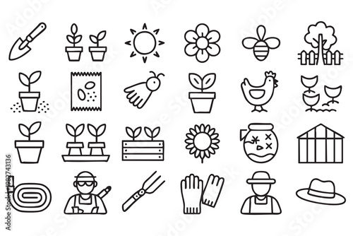 Plant Growth and Gardening Tools Icons for Backyard and Greenhouse Design