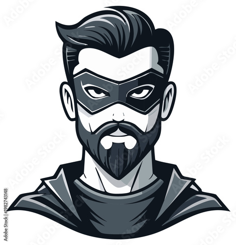 Stylized illustration of a masked bearded man with a dramatic cape and sharp hairstyle