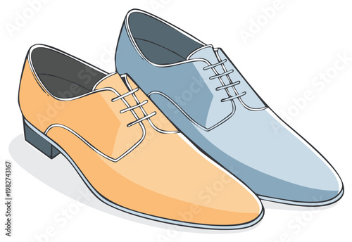 Elegant Male Leather Shoes Illustration, Fashionable Footwear in Orange and Blue Tones, Formal Shoes