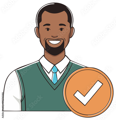 Male Character with Validation Icon Approving Success Achievement Goals