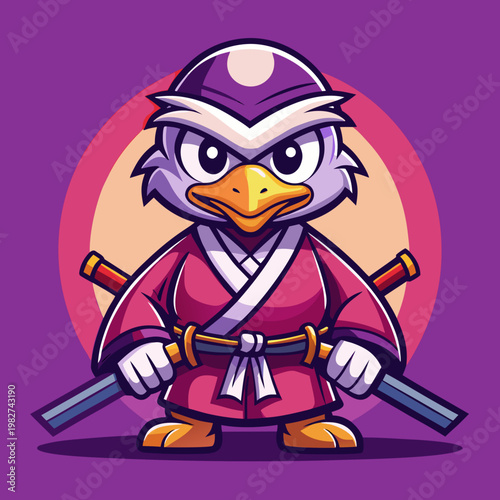 Fierce penguin samurai warrior holding dual katanas in traditional clothing vector art