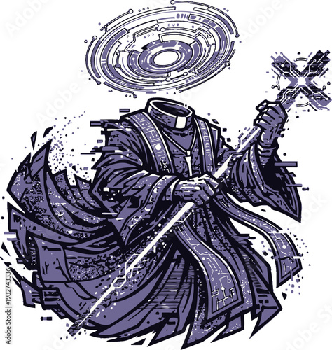 Glitching clerical figure holding a cross, with a digital halo and flowing robes, religious abstract concept
