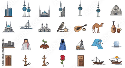 Kuwait Landmark Icons: Towers, Mosques, Camel, Dhow, Falcon, Oud, Rose