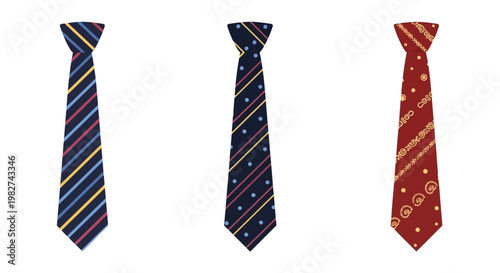 Three patterned neckties displayed against a plain white background