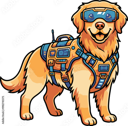 Golden retriever dog wearing futuristic goggles and high-tech vest, ready for adventure