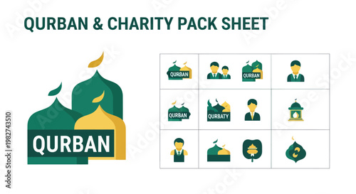Qurban & Charity Pack Sheet: Islamic Mosques, People Icons, Lantern, Sacrifice Symbol
