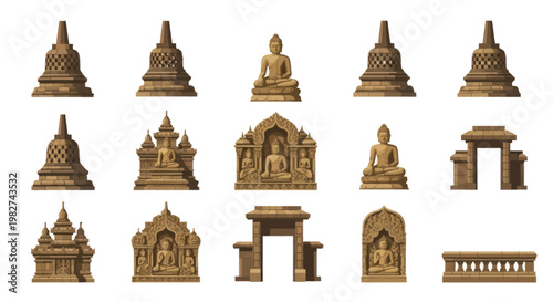 Ancient Stone Buddhist Architecture Collage: Stupas, Statues, Archways, and Gates