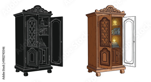 Two ornate wooden wardrobes one in color and one in black and white