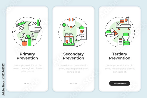 Healthcare prevention tiers onboarding mobile app screen. Walkthrough 3 steps editable graphic instructions with linear concepts. UI, UX, GUI. Montserrat SemiBold, Regular fonts used