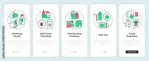 Infection safety protocols onboarding mobile app screen. Walkthrough 5 steps editable graphic instructions with linear concepts. UI, UX, GUI. Montserrat SemiBold, Regular fonts used