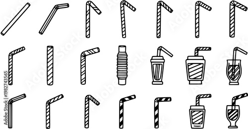 Food and Drink Black and White Line Art Icon Set of Various Drinking Straws and Refreshment Beverages  Outline Doodle Style Collection