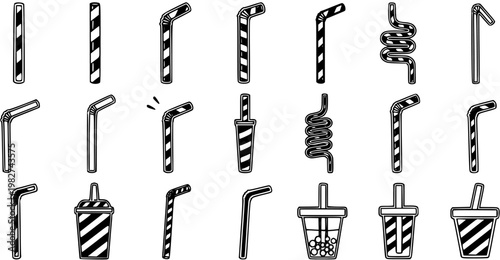 Food and Drink Industry Black  White Line Art Set of Various Drinking Straws and Beverage Cups. Outline Doodle Collection of Flexible, Straight, and Bubble Tea Straws with Disposable Cups.