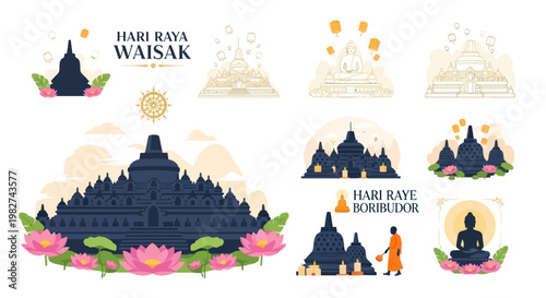 Vesak Day Celebration, Borobudur Temple, Buddha Statue, Lotus Flowers, Buddhist Festival