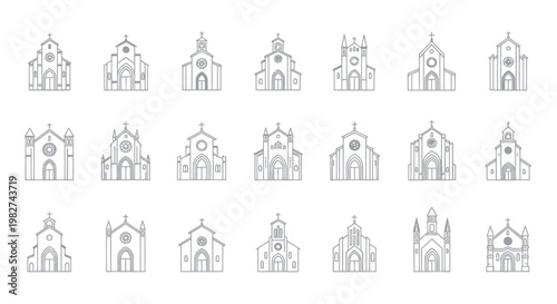 Collection of Outline Church Icons: Religious Architecture Vector Symbols