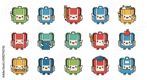 Cute Backpack Characters Collection, School Supplies, Back to School Icons