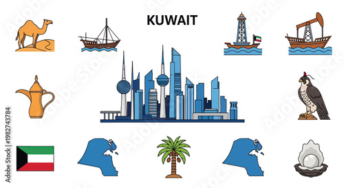 Kuwait Icons: Skyline, Flag, Camel, Dhow, Oil Rig, Falcon, Palm Tree, Coffee Pot