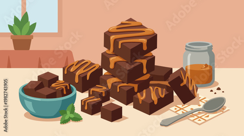 Delicious brownies with caramel sauce.