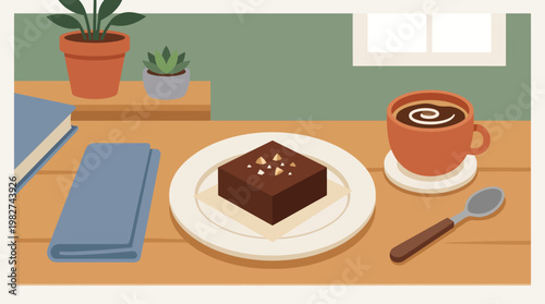 A chocolate brownie on a plate with coffee.