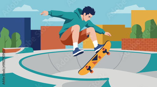 Teenager performing skateboard tricks in urban skate park.