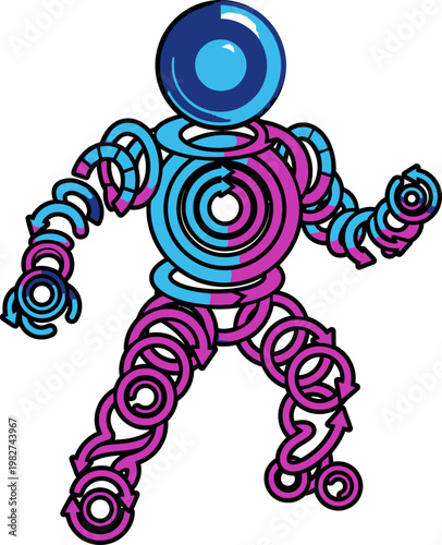 Stylized robot figure with circular segmented limbs in blue and pink, standing pose, with a glossy blue sphere for a head