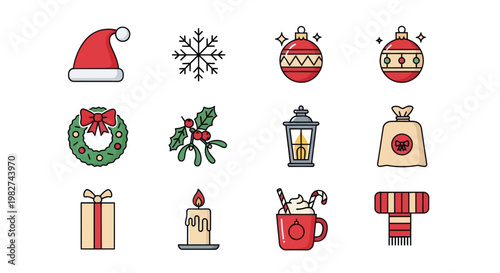 Christmas Icons Set: Santa Hat, Snowflake, Ornaments, Wreath, Gift, Candle, Hot Chocolate