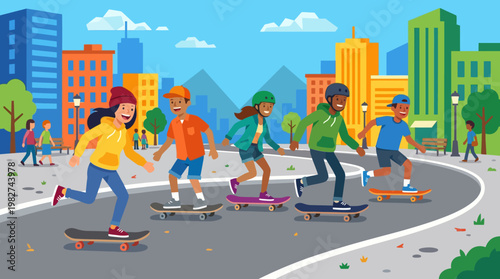 Teenagers skateboarding on a city street.