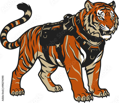 Tiger with harness, wild cat with stripes, powerful predator, safari animal, fierce jungle cat, detailed illustration, natural colors