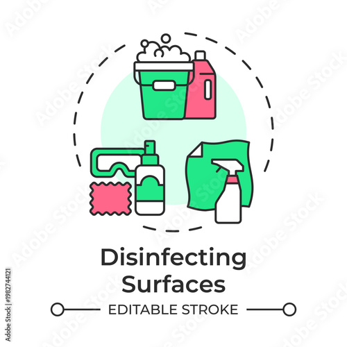 Disinfecting surfaces multi color concept icon. Cleaning chemicals, protective equipment. Personal safety. Round shape line illustration. Abstract idea. Graphic design. Easy to use in brochure