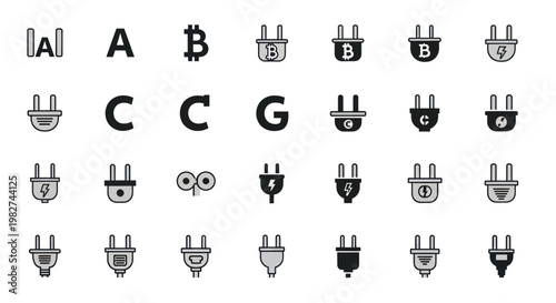 Electric Plug Icons Set, Bitcoin Symbol, Letters, Gears - Technology and Energy Concept
