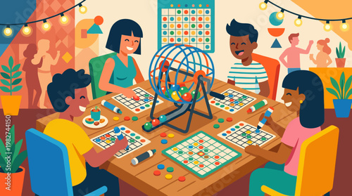 Diverse group of friends playing bingo game.