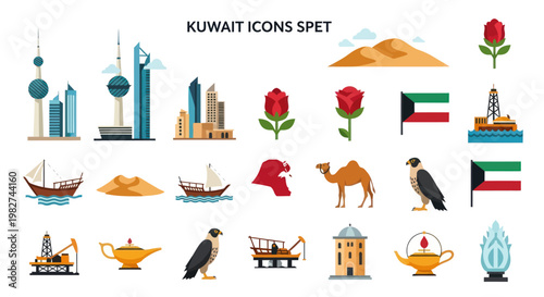 Kuwait Icons Set: Landmarks, Culture, Nature, and Symbols
