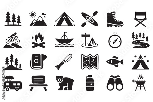 Adventure Travel Icons for Nature Camping and Outdoor Activities