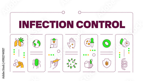 Infection control word concept isolated on white. Epidemiology study, clinical research. Health care. Creative illustration banner surrounded by editable line colorful icons. Hubot Sans font used