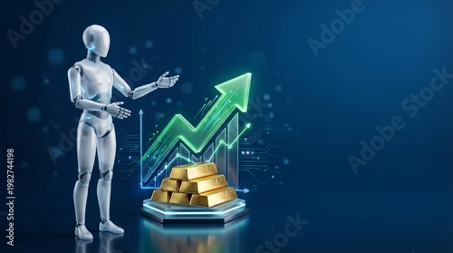 AI robot presenting gold bars stack on glowing hexagonal platform with hologram uptrend chart, 3D render