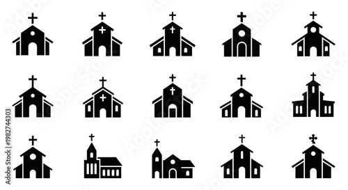 Collection of diverse church building icons, religious architecture silhouettes for spiritual concepts