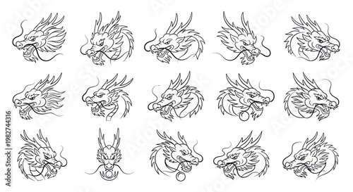 Collection of Hand-Drawn Chinese Dragon Head Illustrations, Black and White Sketch