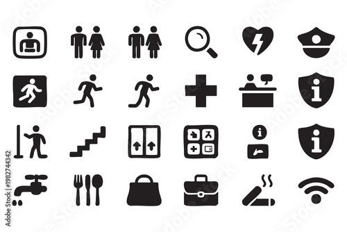 Public Signage Icons Featuring Healthcare Access and Facility Symbols