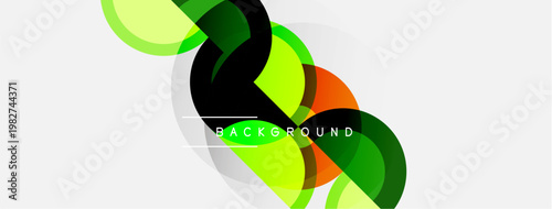 Abstract design features overlapping colorful shapes. Green, black, orange hues dominate composition. Modern, dynamic visual element.