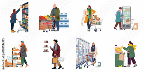 Flat vector illustrations showing a variety of people shopping for food and groceries in different sections of a supermarket.
