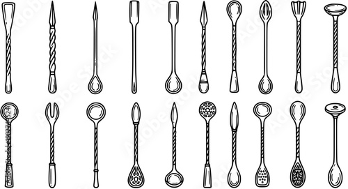 Bartending Cocktail Bar Tools Vector Line Art Icons Set. Hand-drawn Outline Utensils Collection in Sketch Style for Mixing Drinks.