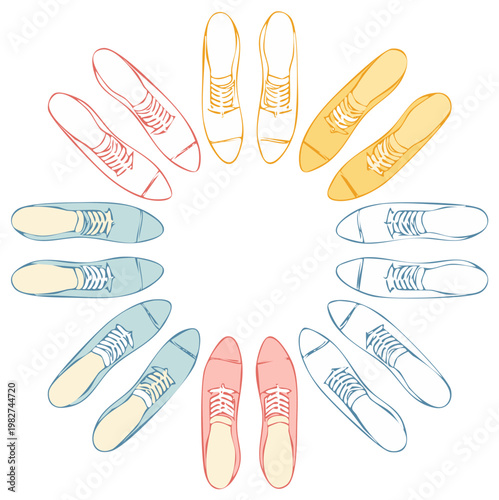 Hand drawn illustration of colorful dress shoes forming a unique circular pattern